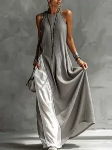 Women's Fashion Patchwork Casual Sleeveless Long Dress, Comfortable Soft Fabric, Stylish Loose Fit with Pockets, Colorblock Shoulder Reveal