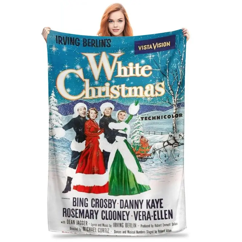 White Christmas Movie Poster Printed Flannel Blanket - All-Season Comfort, Modern Style, Suitable for Sofas and Beds, Ideal Birthday and Holiday Gift