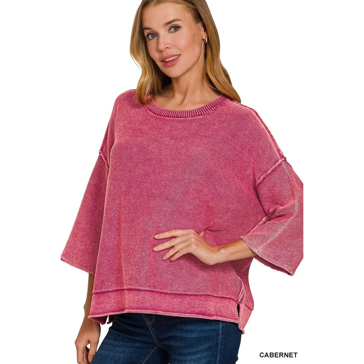 Washed 3/4 Sleeve Boxy Sweater - Assorted