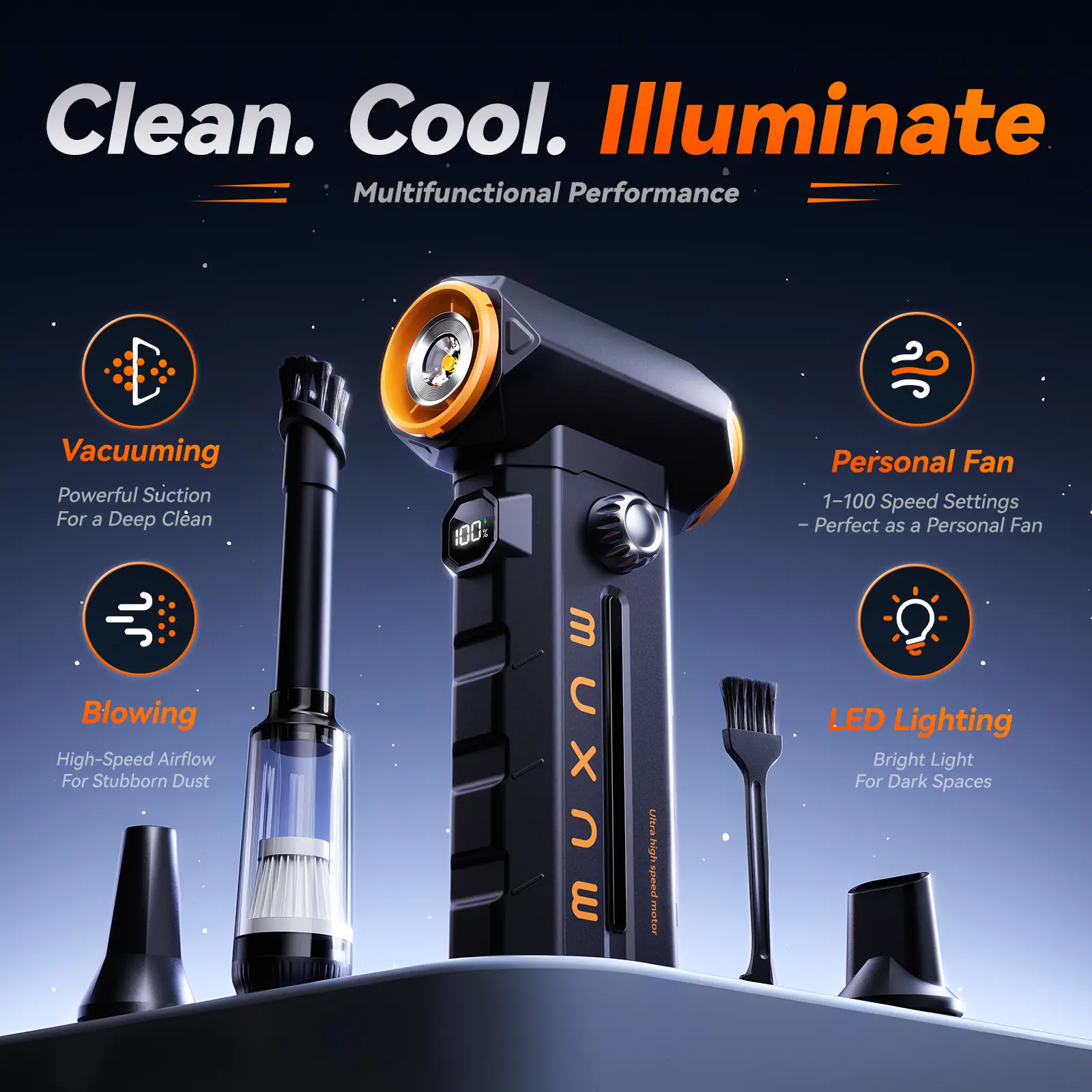 MUXNW Cordless 2-in-1 Multi-Use Handheld Vacuum Cleaner & Electric Air Duster, 130000RPM High-Pressure Device with 100-Speed Display, 8000mAh Rechargeable Battery, USB-C Fastcharging for PC Users, Lightweight, Cordless Vacuum Cleaner, Blowing