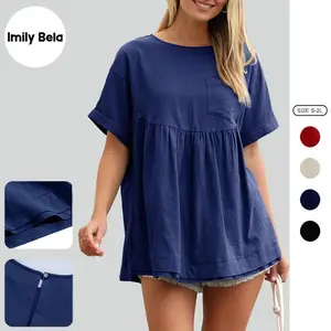 Imily Bela Womens Summer Babydoll Tops Short Sleeve Crew Neck Tunic T Shirts Cute Swing Mini Dress