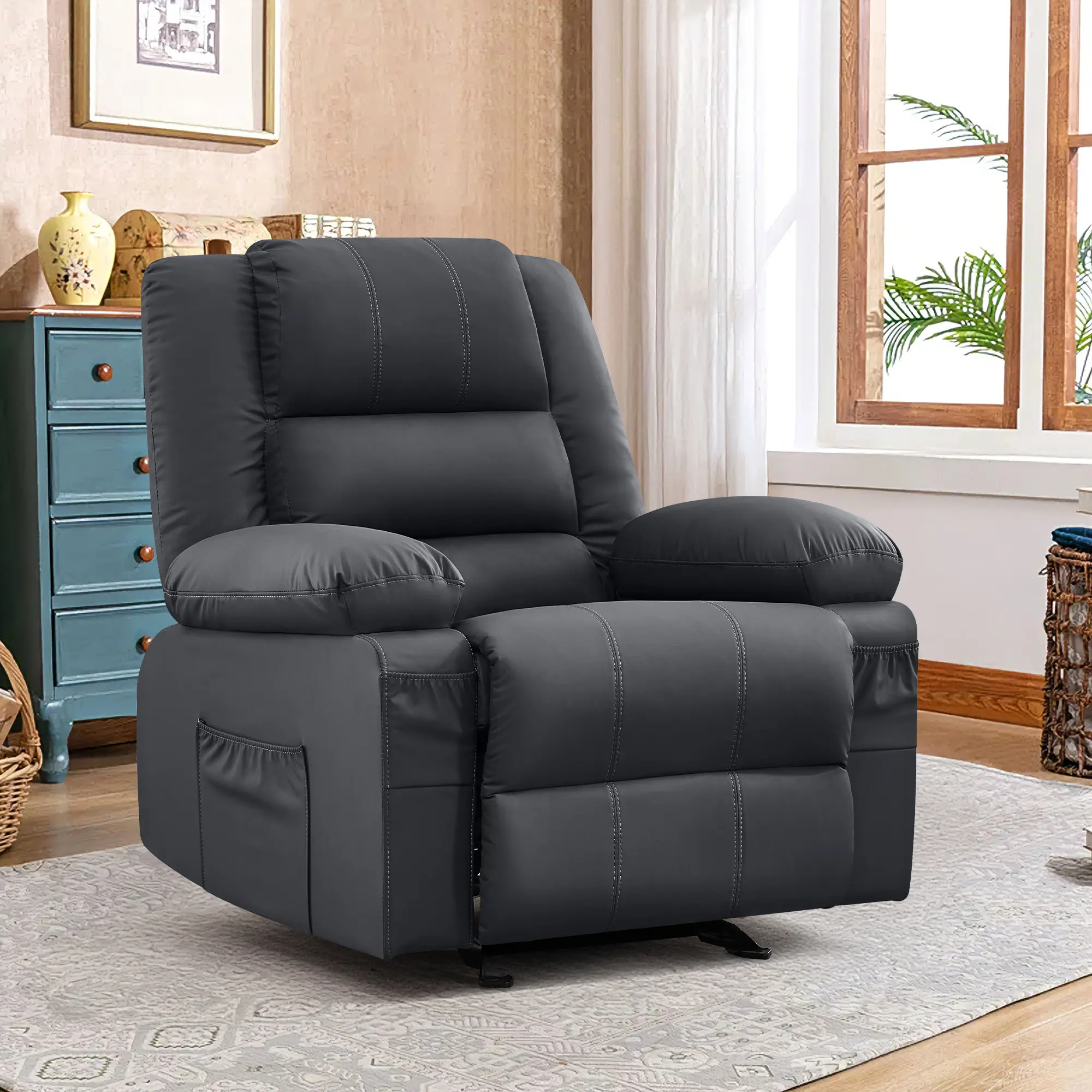 JONPONY Modern Comfort Reclining Chair - Indoor Furniture with 90° to 135° Recline, Armrest, Side Pocket, Durable Build, Assembly Required for Elderly, Nursery, Bedroom Home Theater (Grey)