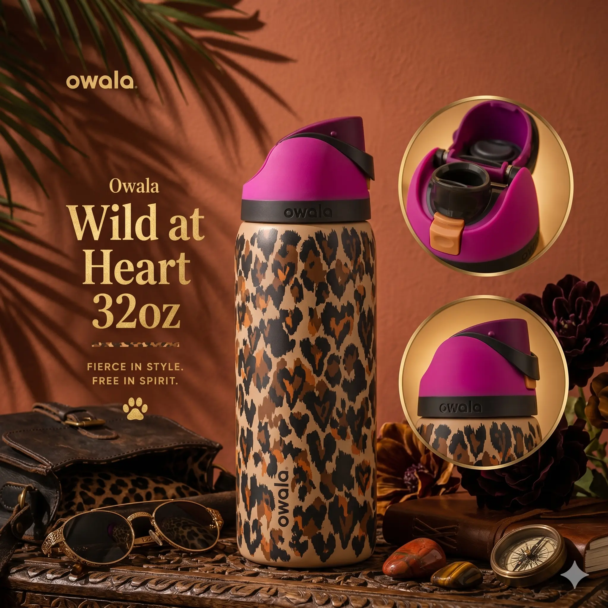NEW Owala "Wild At Heart" 32oz Free Sip Limited Edition UO Cheetah Print Vacuum Insulated Flask, Kitchen & Drinkware Accessory