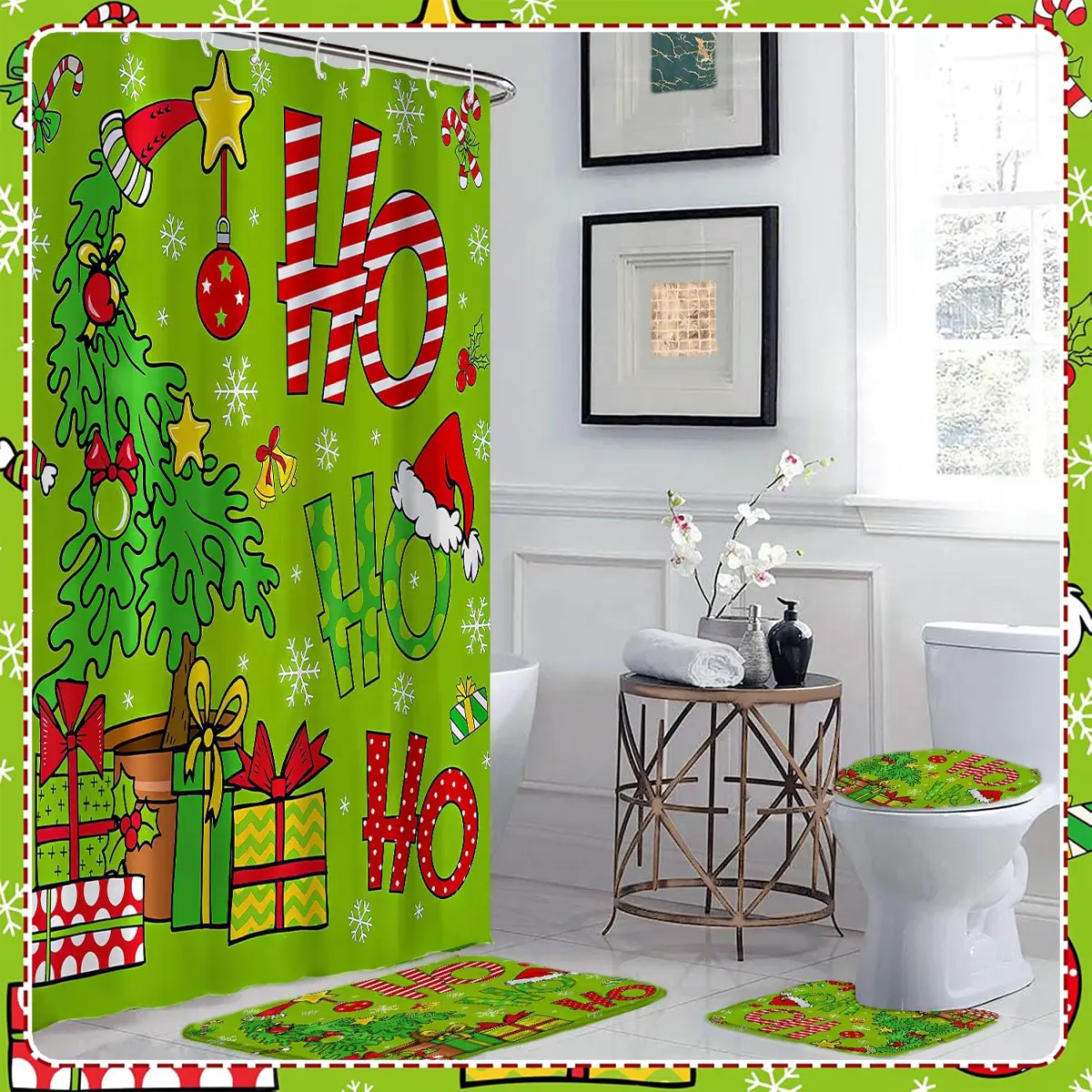 Christmas Theme 4-Piece Bathroom Shower Curtain Set, 5.9x5.9Ft Festive Green Tree Design with Non-Slip Mat, U-Shaped Rug, Toilet Lid Cover, 12 Sticky Hooks - Santa Hat and Hohoho Add Holiday Fun