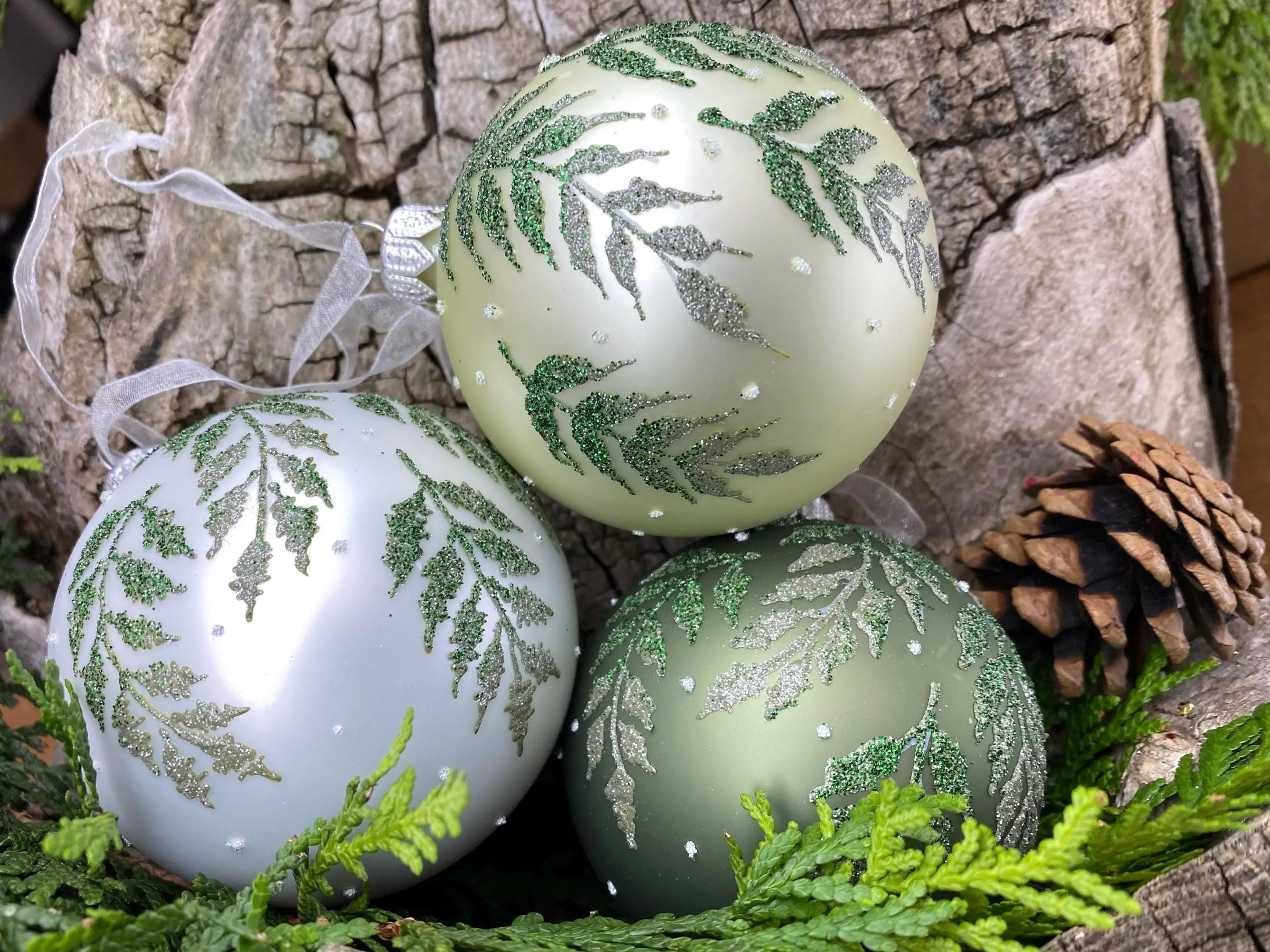 Fern Blown Hand Painted Glass Ornaments – Set of 3 White, Sage, & Moss Green European Blown Glass Balls Holiday Christmas Tree Decorations