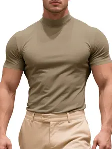 Men's Summer Pure Color Short Sleeve Fashion Casual High Neck Fitted T-Shirt, Plain Pattern, Short Clothing Length, 2026 Inventory