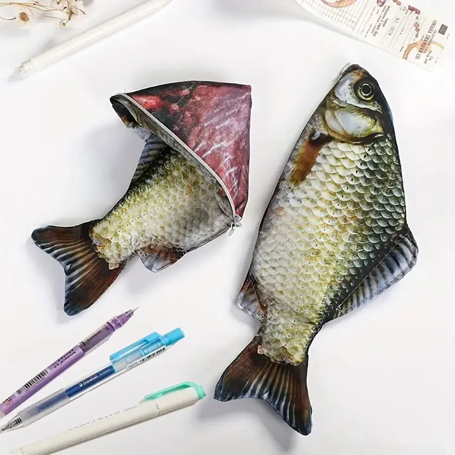 Fish Shaped Pencil Case, Writing Stationery, 1 Count Creative Durable Unique Zipper Pencil Bag, Stationery Bag, Pencil Case for Office, School, Dormitory, Home, Office Supplies