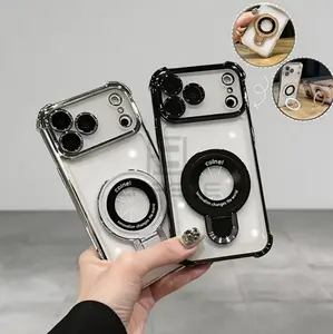 CAFELE Magnetic Transparent Phone Case with Holder Stand Electroplated Four Corner Shockproof Protective Cover Built In Lens Protection Wireless Charging Compatible Case for iPhone 17 Pro Max 16 15 14 13,US Local Fast Shipping