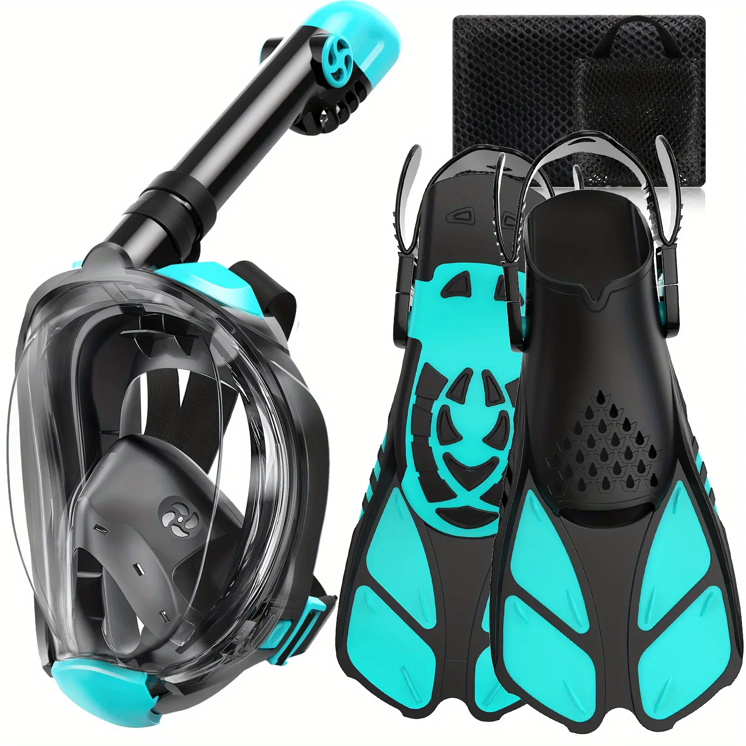 Mask Fins Snorkeling Equipment Suit, Full Face Snorkeling Mask and Adjustable Swimming Fins with Packing Mesh Bag, Dry Top Breathing Tube and Travel Bag, 3-in-1 Snorkeling Suit, Suitable for Swimming, Snorkeling, Diving