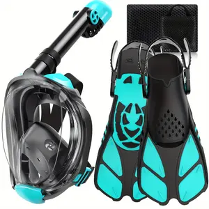 Mask Fins Snorkeling Equipment Suit, Full Face Snorkeling Mask and Adjustable Swimming Fins with Packing Mesh Bag, Dry Top Breathing Tube and Travel Bag, 3-in-1 Snorkeling Suit, Suitable for Swimming, Snorkeling, Diving