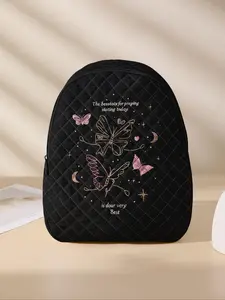Butterfly Pattern Quilted Backpack, Lightweight Durable School Bag with Lunch Pocket, Cute Student Backpack for Primary School, Middle School and University