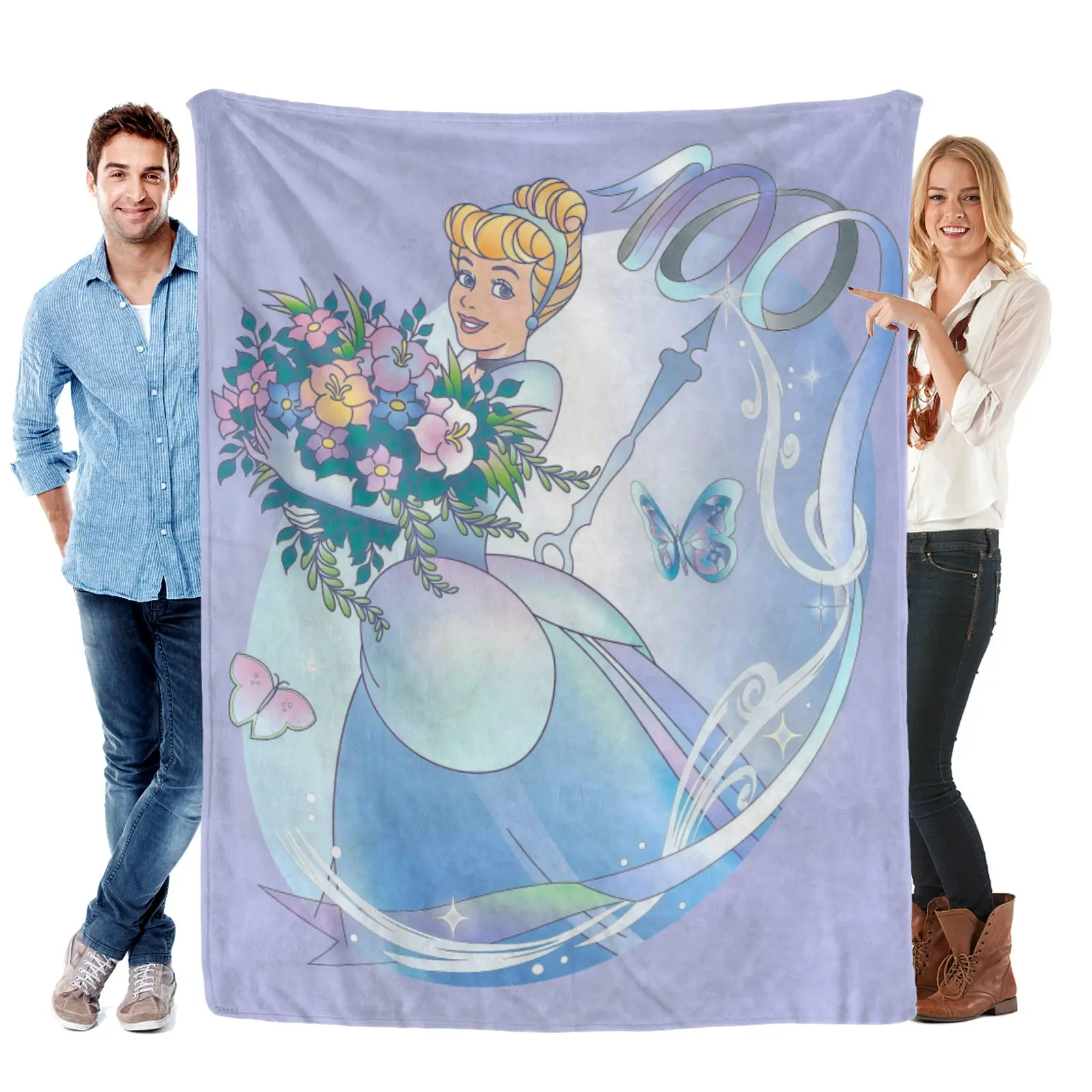 [Summervibes] Disney Princess Cinderella Bouquet Ribbon Art Blanket, Cozy Fleece Throw, Lavender Pastel Bedding, Butterfly Themed Cartoon Fan Gift