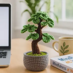 Handmade Crochet Bonsai Tree Pot – Zen Desk Decor, Gift for Dad, Plant Lover, Father's Day & Get Well Soon Gift