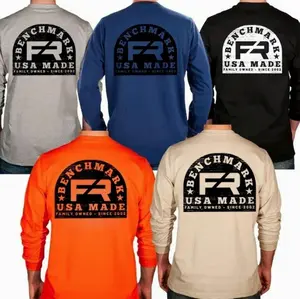 Benchmark Wood Stamp Flame Resistant Long Sleeve Shirt, Men's Graphic Workwear T-Shirt, Long Sleeve Tee clothing IJN EUG