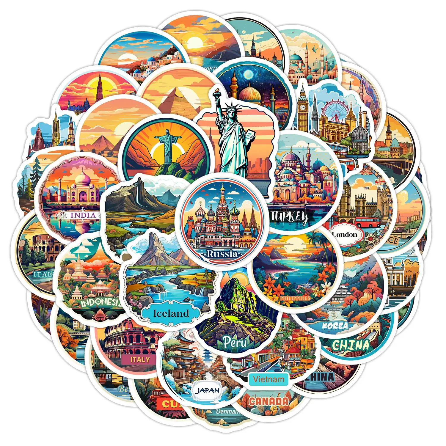 Travel Landmark Series Sticker, Round Self Adhesive Decorative Sticker, DIY Decals for Water Bottle, Laptop, Phone Case