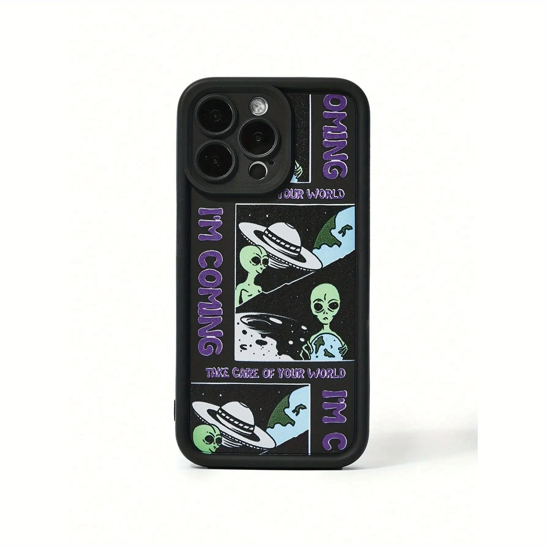 Alien Spaceship Black High Bamboo Anti-Fall Case for iPhone 17 Pro Max 16 16e 15 14 Plus 13 12 Mini 11 Air X XS Pattern Soft TPU Rubber Camera Protection Rugged Mobile Phone Cover Gift