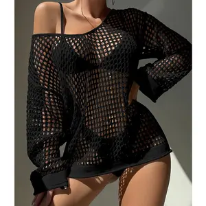 Women's Hollow Out Swimsuit Cover Up, Long Sleeve Loose Fit Split Hem Beach Cover Up, Plain Back To School Summer Swim Fashion