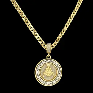 Freemason Masonic Symbol Medal Pendant & 14K Stamped 5mm 20" 24" Brass Cuban Chain Hip Hop Style High-End Necklace Fashion Jewelry
