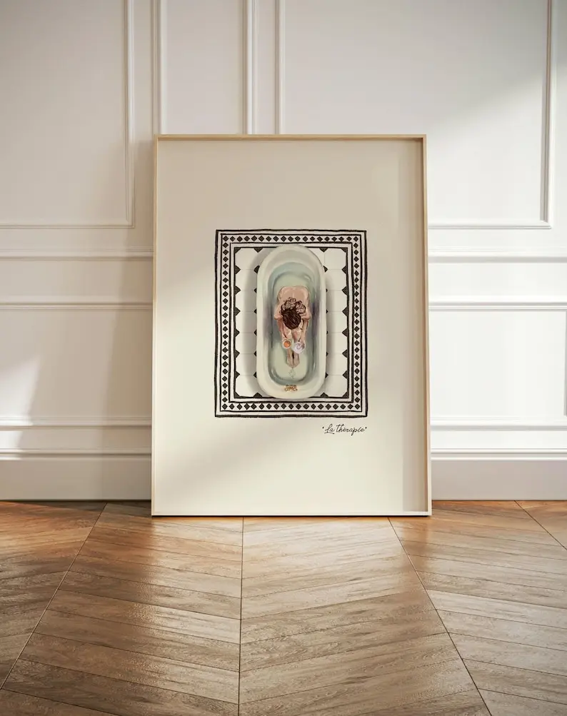 Woman in Bathtub Print, Trendy Bathroom Wall Art, Toilet Print, Cute Bath Decor, Vintage Bathroom Art Print, Get Naked Print