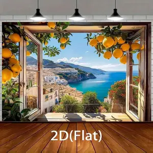2D Flat Polyester Mediterranean Lemon Tree Backdrop Banner - Coastal Sea, Cliff Scenes - Ideal for Birthday Home Decor, Festive Party Supplies