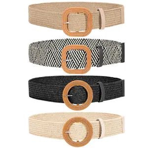 JASGOOD Straw Woven Elastic Stretch Belts Women, Wide Boho Braided Dress Belts with Wooden Style Buckle dealsforyoudays