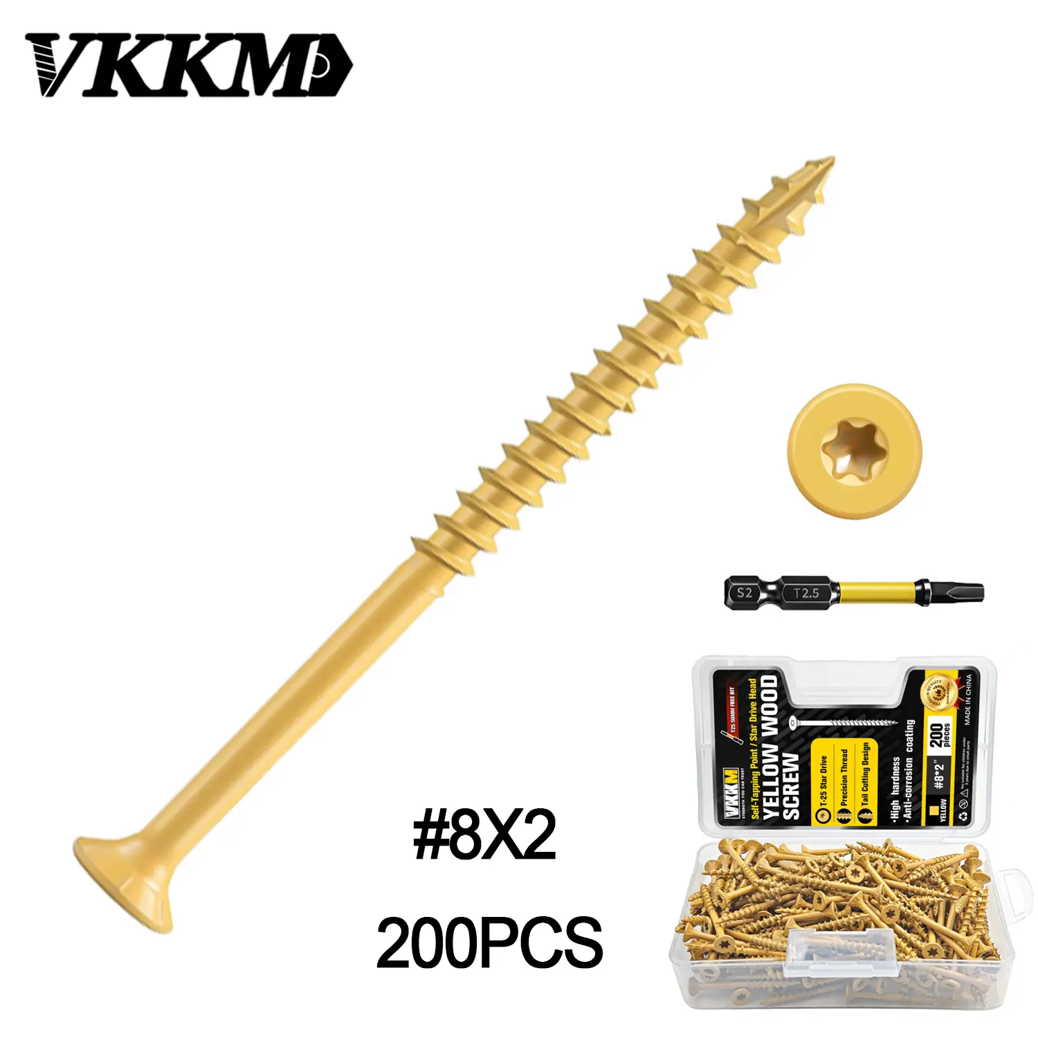 VKKM 200Pcs #8 x 2 Inch Torx Star Drive Yellow Wood Screws, Self Tapping Deck Screws with Free T25 Driver Bit, Rust Resistant Coated Flat Head Wood Screws for Outdoor Deck Fence Framing Wood Projects