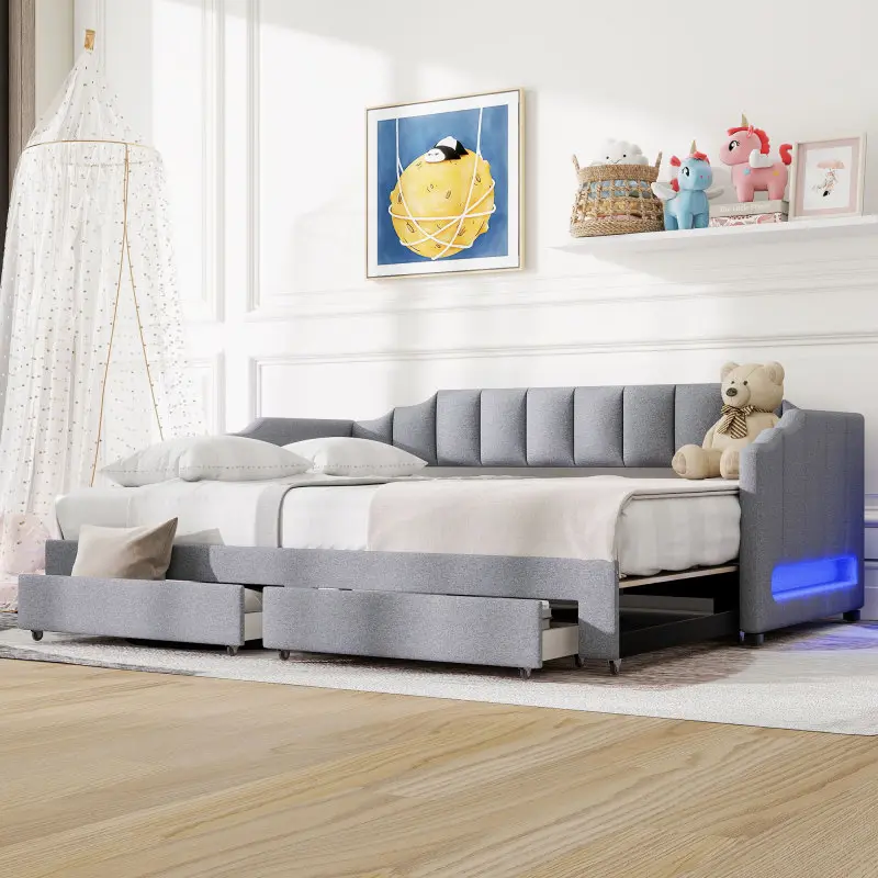 Twin XL Size Extendable Upholstered Daybed with Two Storage Drawers and LED Light,Twin XL to King Daybed,Gray(ETA:8/14)