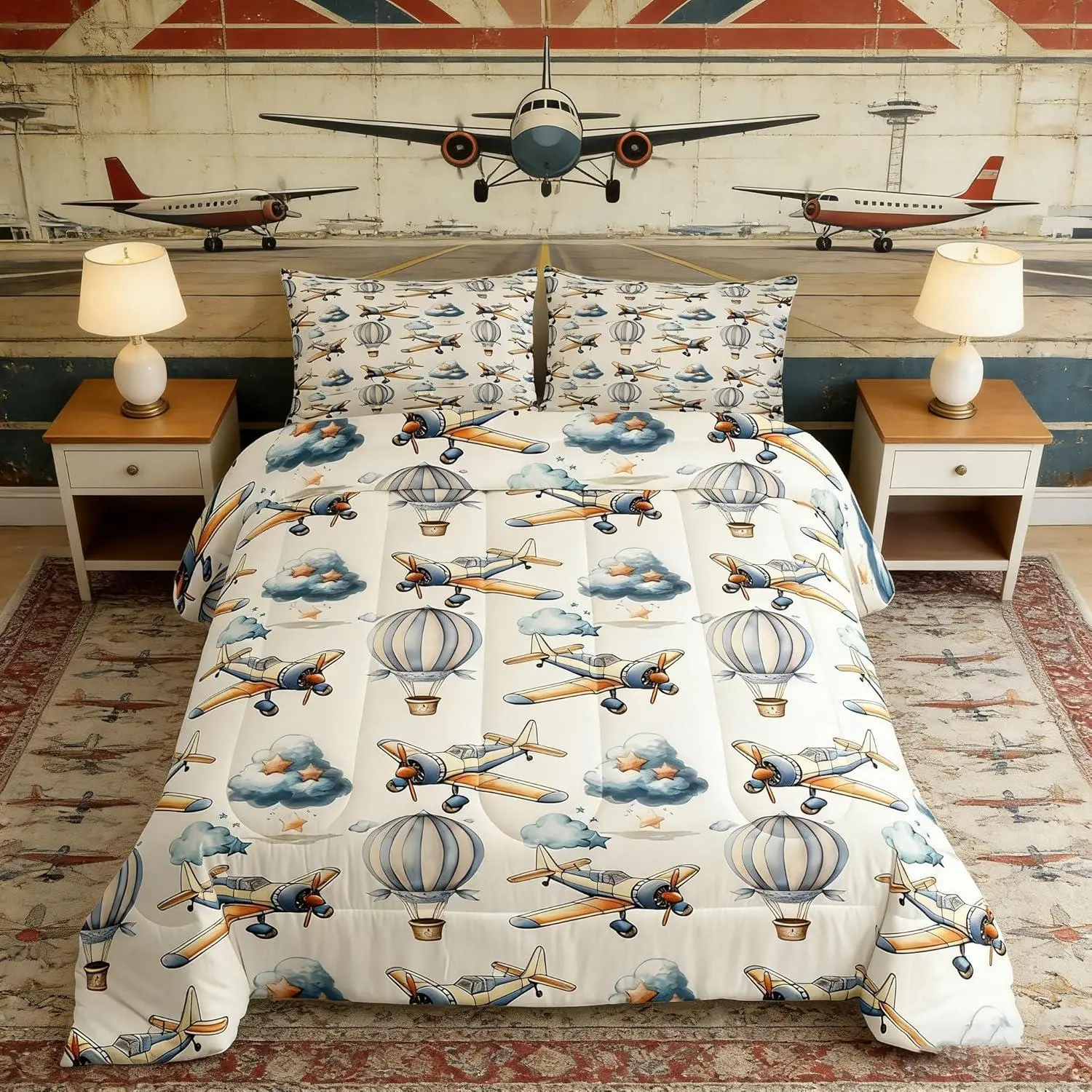 Hot Air Balloons Kids Comforter Set,Toddler,Airplane Aircraft Aviation Plane Bedding Set,Boys Girls Room Decor,Cartoon Stars Clouds Dreamy Down Comforter,Blue Duvet Insert