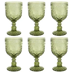 Vintage Wine Glasses Set of 6, 12 OZ Colored Glass Water Goblets Glassware, Embossed Floral Sunflower Decorative Crystal Glass Cups Set, for Wedding, Party, Red Wine Glass, Bars, Restaurants, Family Gatherings, Cafeterias, for Dishwasher