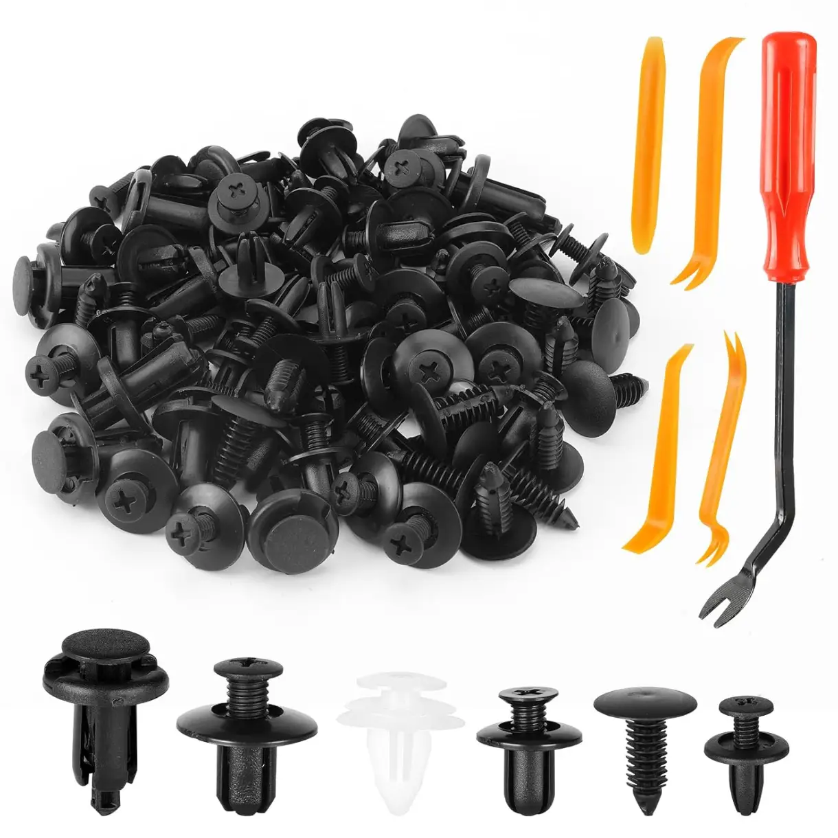 100 PCS Car Bumper Retainer Clips, 6 Type Nylon Fasteners Rivet Replacement Kit, Push-in Screw Bumper Push Rivet Clip with 5 Fastener Removers, Suitab