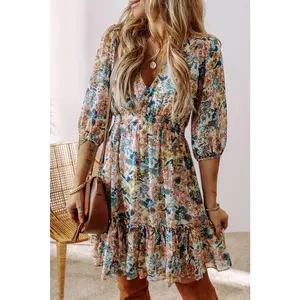 Floral 3/4 Sleeve V-Neck High Waist Ruffle Dress