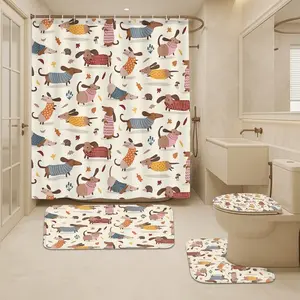 【Animal】Shower Curtain Set with Mat – Cartoon Autumn Fall Dog Print Bathroom Decor – 4 Piece Bath Set – Waterproof, Non-Slip Bathroom Rug Set – Pet Lover, Nursery, Kids Bathroom, Autumn Home Decor