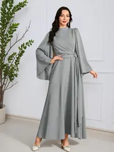 Elegant Bell Sleeve Long Dress Conservative Modest Dress Tie-Waist Flowy Maxi Dress Perfect for Wedding Guests Office Casual Formal Abaya