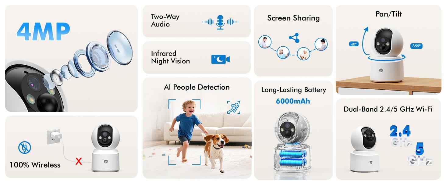 YESPANO indoor battery camera：Long Standby Rechargeable Surveillance Camera with Motion Alert and Spotl，Color  ight Vision, AI Human Detection, 2-Way Audio,  Cloud/SD Storage Protection security cameras for home