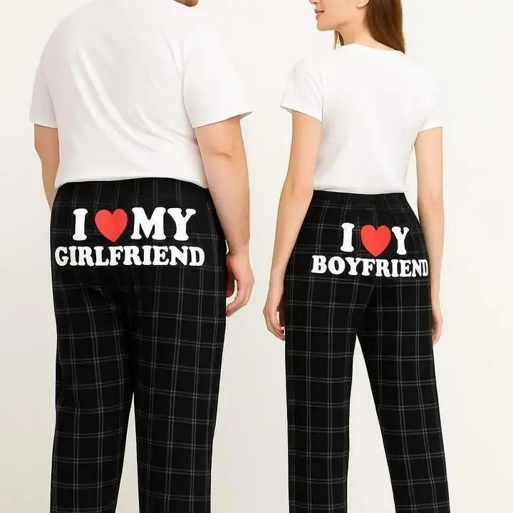 His and Hers Satin Pajama Pants, Love Print Couple Sleepwear, Cozy Lounge Bottoms, Valentine Gift
