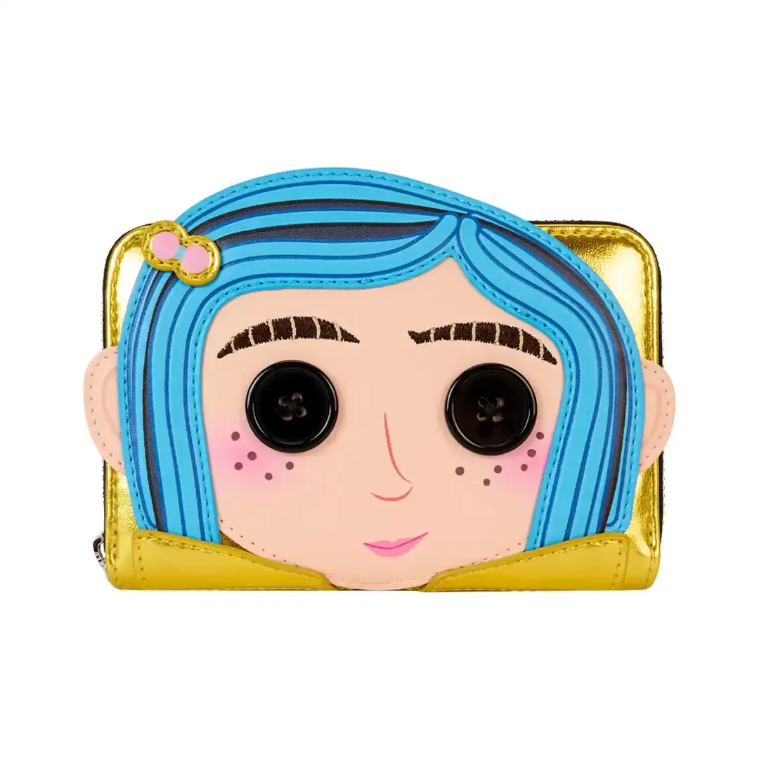 Women's Coraline Cartoon Character Pattern Wallet - 15th Anniversary Collectible, Metallic Gold Faux Patent Leather, Real Button Eyes, Embroidery, Polyurethane, Everyday Carry, Collectible Gift, Doll Wallet