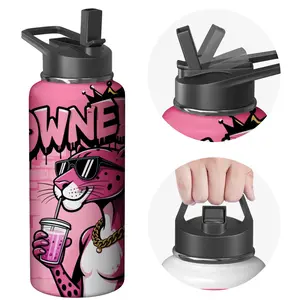 Stainless Steel Water Bottle Pink Panther With Sunglasses And Drink Design For Outdoor Sports And Daily Use