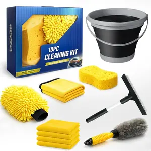 10 count  Wash Detailing Kit Cleaning Kits,with Collapsible Bucket Wash Mitt Sponge Terry Towels Wheel Brush Window Scraper Coral  Towel,  Cleaning Tools Kit for Interior, Exterior, Wheels