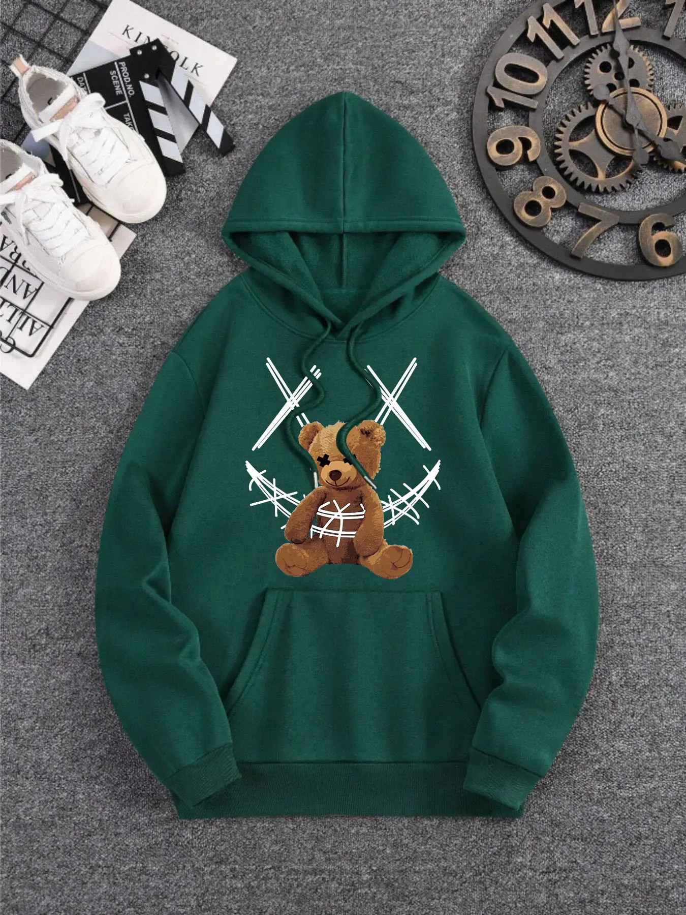 Men's Loose Soft-Touch Teddy Bear Print Hoodie - Polyester Pullover Casual Sporty Sweatshirt, Longsleeves Menswear for Laid-Back Street Style, Hoodie Print Hoodies, Sporty Chic