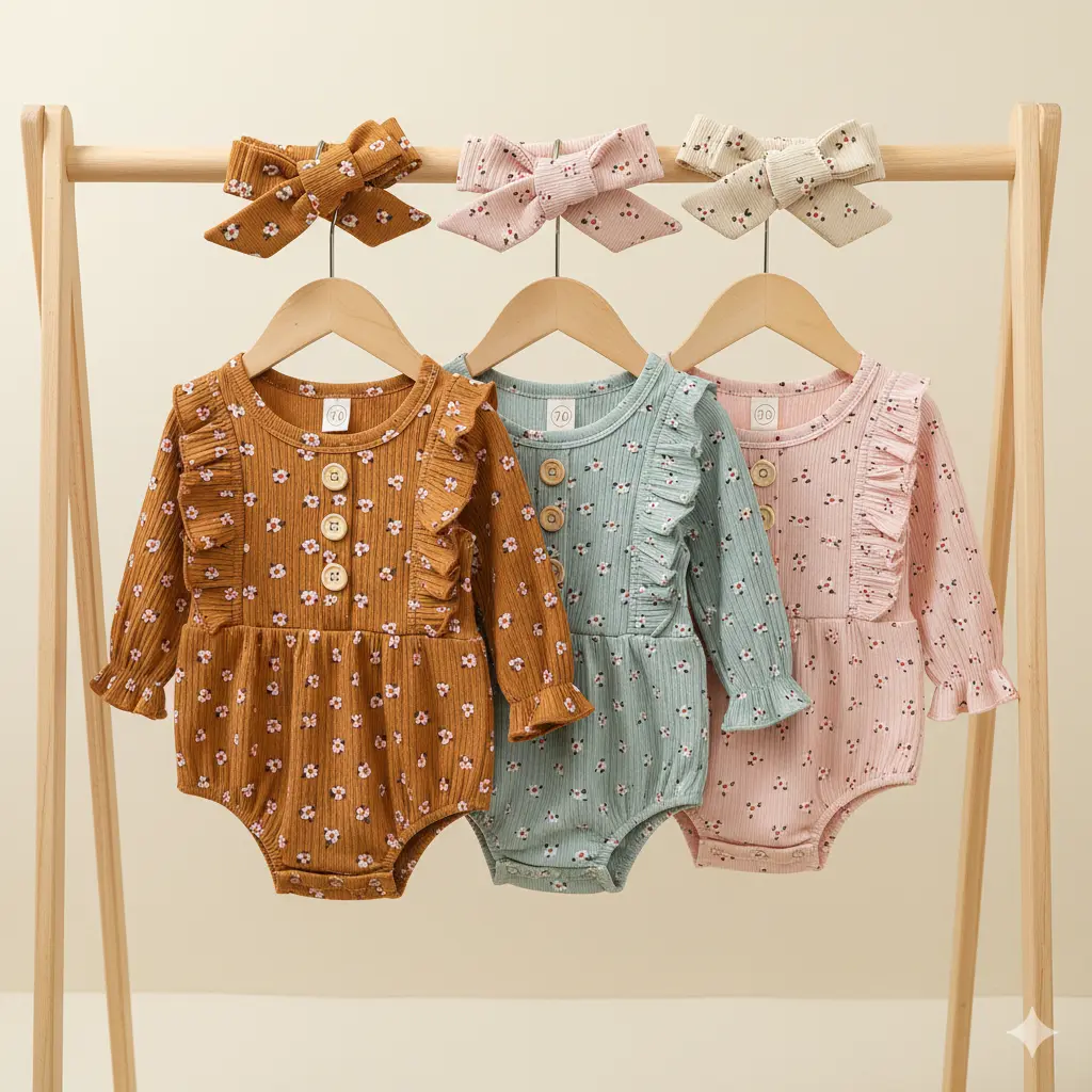 Baby Girls' 2-Piece Clothes Set - Ruffled Floral Print Cotton Jumpsuit with Long Sleeves and Bow Headband, Baby Clothing, Baby Shower Outfits