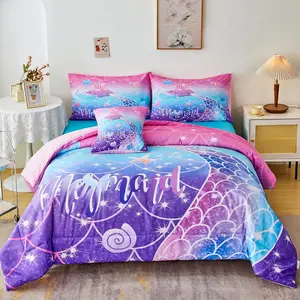 Mermaid Comforter Set 6Pcs, Kids Gilrs Bed in a Bag Twin Size, Mermaid Tail Print Teens Girls Bedding Set, Bedding