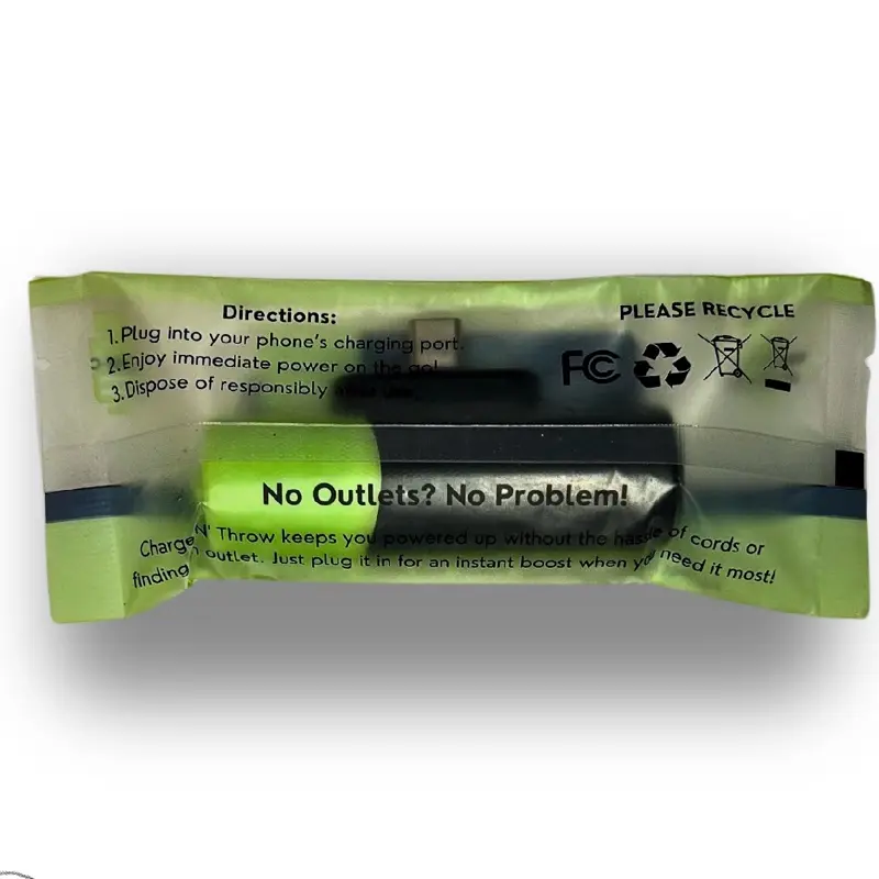 Charge n' Throw Lightning USBC - No Outlets No Problem Portable Charging Solution with Recycling Instructions