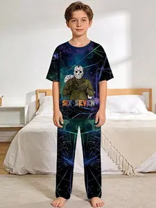 Spider Web Ghost Face Halloween Fun 2-Piece Set: Boys' Digital Print Short-Sleeve Pajamas with Long Pants, Flame-Retardant Fabric, Print Sleepwear, comfortable and soft, suitable for sleeping and home leisure, Made of 100% polyester