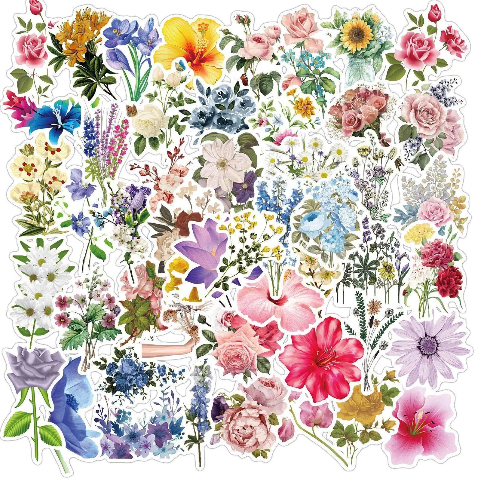 Floral Series Decorative Sticker (50pcs), Scrapbooking & Journal Making Material Paper, DIY Decorative Sticker for Stationery Computer Water Bottle, A