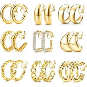 Women's gold clip earrings plated with gold droplets, block clip earrings without perforations, fake earring set