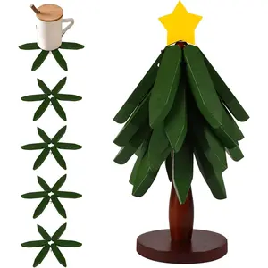 Wooden Trivets for Hot Dishes Christmas Tree Shape Trivet Set 4 Wood Trivets 1 Stand Stored Foldable Kitchen Wooden Coasters for Bowls Pot Teapot Drinks Plates, Home Table Decor