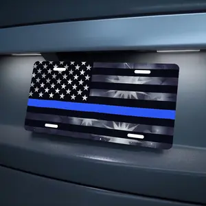 Thin Blue Line American Flag License Plate - 6x12 Inch Black and White Mountain Design, Funny Car Decor Dresser Label, Aluminum Material, Perfect for Home Decor, 2D Flat, For Decoration Only