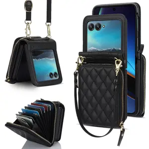 For Moto Razr Women's Wallet Phone Case with Lanyard, Cellphone Casing, Accessories, Small Leather Purse Credit Card Slot, Durable Anti-Slip Full Cover, Fits Motorola Razr Ultra Series Gift