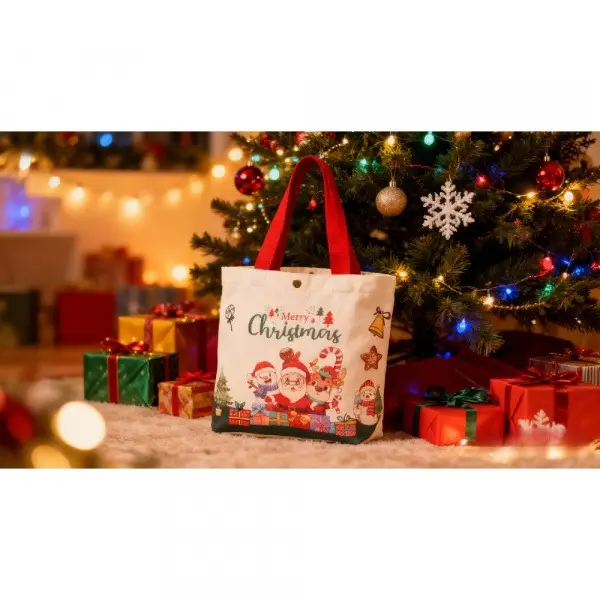 1 Pack Christmas Canvas Tote Bag - Santa, Snowman, Reindeer, Gingerbread Man Graphic Design, Snap Button, Casual Home Supplies Storage Organiser, Holiday Gift Shopping Bag for Xmas Party Daily Outdoor Use, High-Capacity, Large Size