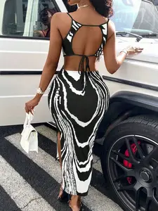 Women's Graphic Striped Maxi Dress | Split Hem Summer Dress | TikTok Beach Style